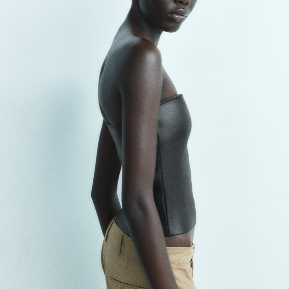 Zara NWT black patent faux leather sweetheart neck bandeau strapless tube top - Picture 3 of 7